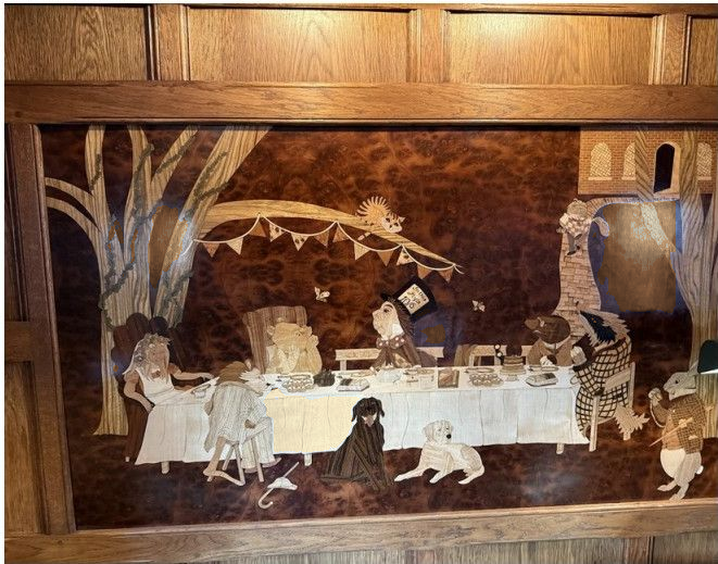 Marquetry wood panel artwork depicting a whimsical dining scene